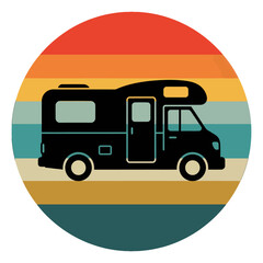 Black motorhome silhouette inside a circular emblem with retro color stripes. A simple vector icon representing road trips, travel, camping, and the adventure lifestyle