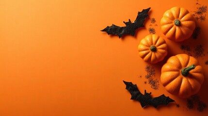Halloween Banner with Pumpkins & Bats on Orange Background (Copy Space) – High-Res Winning Design for Web Advertising, Halloween Party Events, Stock Contests