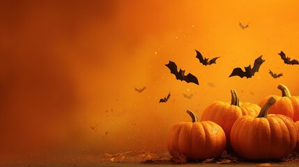 Halloween Banner with Pumpkins & Bats on Orange Background (Copy Space) – High-Res Winning Design for Web Advertising, Halloween Party Events, Stock Contests