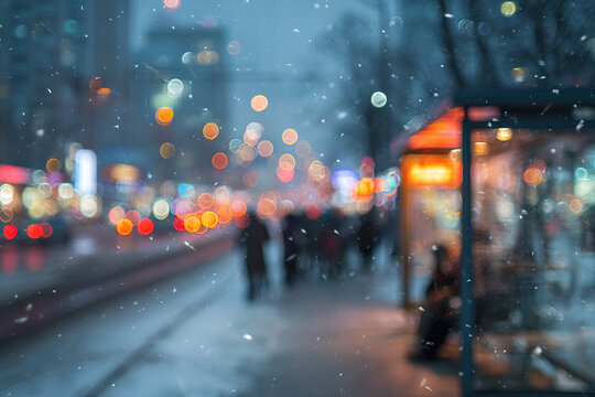 Blurred winter city scene with snowflakes and people walking