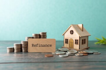 Wooden house model with coins and a refinance sign on a wooden table against a teal background