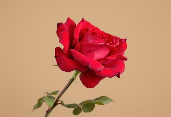 Obraz premium Single Red Rose in Full Bloom on a Beige Background.