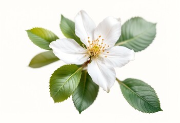 Obraz premium Single White Apple Blossom with Green Leaves Isolated.