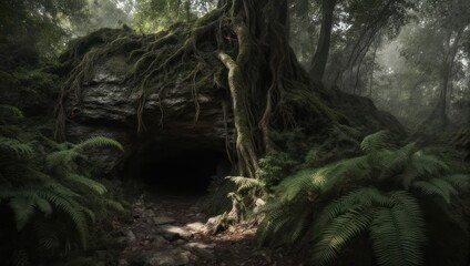 Obraz premium Dark forest entrance, mossy rock, ferns, and large tree roots create an enchanting, mystical scene
