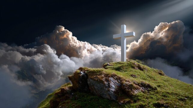 Radiant Cross on Hill Surrounded by Dramatic Clouds and Light