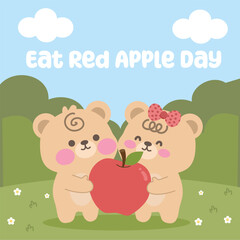 Cute eat a red apple day design illustration for celebration. Suitable for flat design graphic illustration for campaign, social media ads, flyer design, flat illustration, template, poster, etc