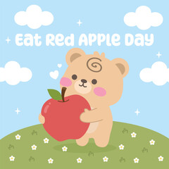 Cute eat a red apple day design illustration for celebration. Suitable for flat design graphic illustration for campaign, social media ads, flyer design, flat illustration, template, poster, etc