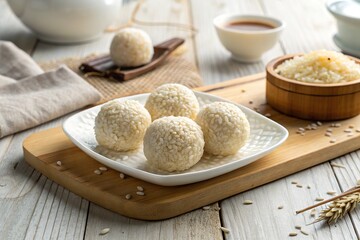 Fototapeta premium Delicious sesame rice balls served on a wooden platter with dipping sauce and rice background