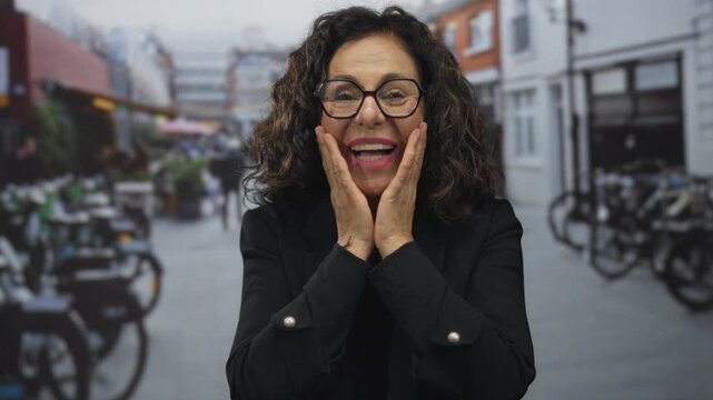 Hispanic woman with curly hair and glasses expressing surprise on a bustling urban street, surrounded by blurred bicycles and buildings in the background.