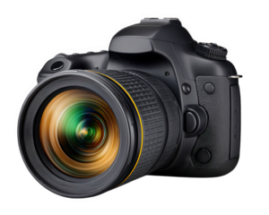 Professional digital camera with large lens, black body, and detailed texture, ideal for photography, travel, and creative projects, isolated on transparency background