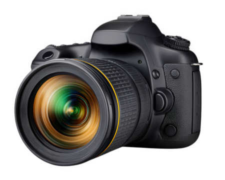 Professional digital camera with large lens, black body, and detailed texture, ideal for photography, travel, and creative projects, isolated on transparency background - Powered by Adobe