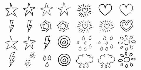 Collection of hand drawn doodle icons including stars hearts lightning bolts raindrops sun and clouds
