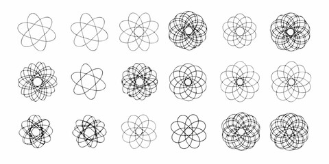 Collection of geometric spirograph patterns and abstract circular designs on white background