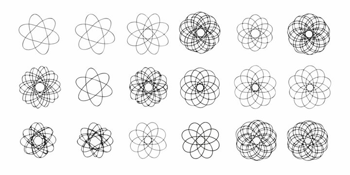 Collection of geometric spirograph patterns and abstract circular designs on white background