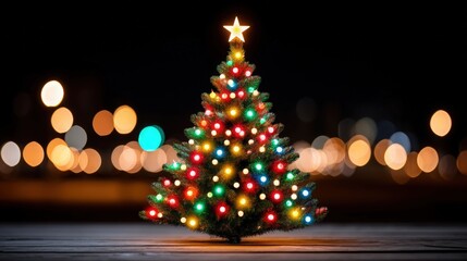 Colorful Christmas Tree with Lights and Star Decoration at Night