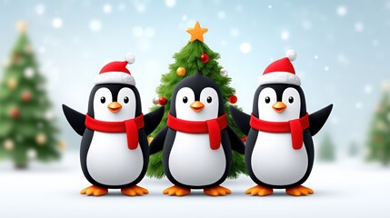 Fototapeta premium Cute Penguins Celebrating Christmas with Tree and Snowy Background