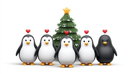 Fototapeta premium Cute Penguins with Hearts and Christmas Tree for Festive Celebrations