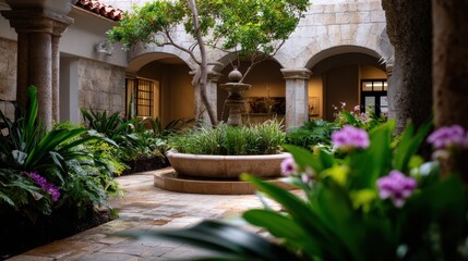 Fototapeta premium Serene Courtyard with Fountains and Lush Greenery in Sunlight