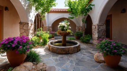 Naklejka premium Tranquil Courtyard with Fountain Surrounded by Vibrant Flowers