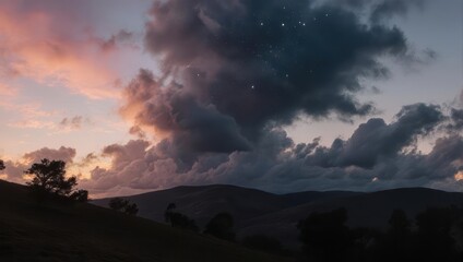 Dramatic sunset over rolling hills with dynamic cloud formations, stars, and subtle color gradients