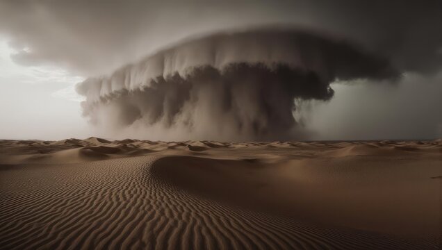 Dramatic storm rolls across rippled desert dunes, under a dark, foreboding sky