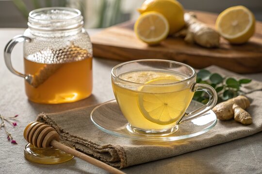Refreshing lemon ginger tea served in a clear cup with honey and lemon slices on a rustic table
