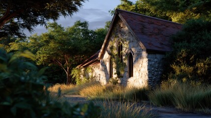 Abandoned Stone Cottage Surrounded by Lush Greenery at Sunset