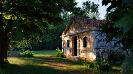 Obraz premium Abandoned Stone House Surrounded by Lush Green Forest at Sunrise