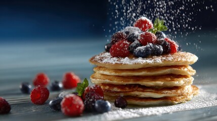 Delicious Stack of Pancakes with Berries and Powdered Sugar Dusting