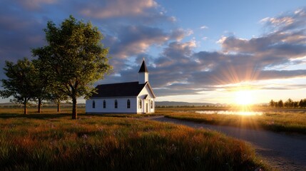 Fototapeta premium Tranquil Sunrise Over a Scenic White Church in a Green Field