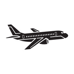 Side profile silhouette of a black jet airplane with visible windows and engines on a white background