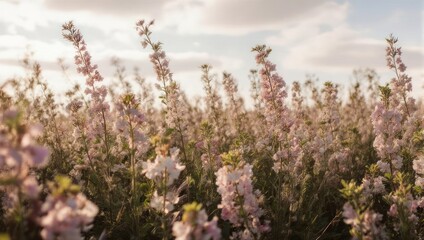 Obraz premium Field of soft pink wildflowers swaying in the gentle breeze under a cloudy sky