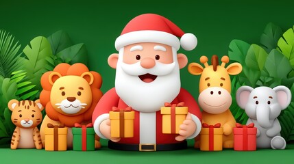 Fototapeta premium Cheerful Santa with Animal Friends and Colorful Gifts in Jungle Setting
