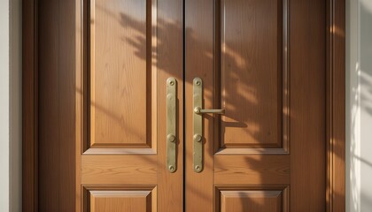 Obraz premium Elegant wooden front door with modern brass handle, natural sunlight