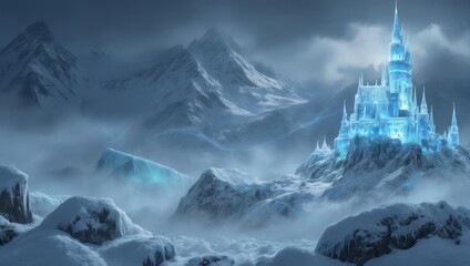 Frozen castle in snowy mountains. Blue ice glows. Cold scenery in winter landscape