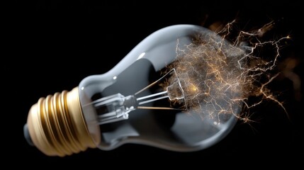 Electric Spark Erupting from Shattered Light Bulb Against Black Background