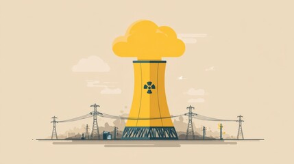 Nuclear power plant emission urban environment digital art industrial landscape aerial view environmental impact