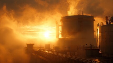 Industrial sunrise energy facility's steam emission urban landscape photographic scene atmospheric conditions