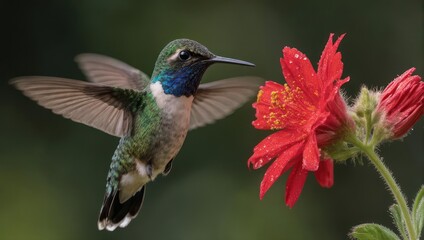 Fototapeta premium Hummingbird hovering near a vibrant red flower, wings spread, captured in flight