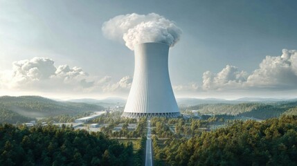 Nuclear power plant cooling tower erupts rural landscape digital art serene environment aerial view energy production impact