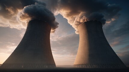 Nuclear power plant cooling towers emitting steam at dusk industrial landscape dramatic sky environmental impact
