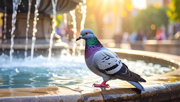 A colorful pigeon perches gracefully near a splashing fountain, bathed in the warm, golden light of the morning sun. - Powered by Adobe