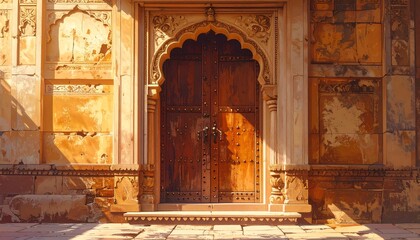 A richly detailed, ornate wooden door set within a sun-drenched, ancient stone archway, showcasing intricate carvings and textures.