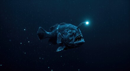 Deep Sea Anglerfish in the Abyss: An awe-inspiring anglerfish illuminates the inky depths of the ocean with its bioluminescent lure, showcasing the wonders of marine life.