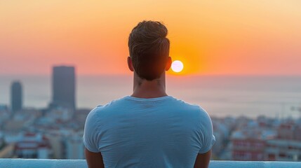 Fototapeta premium Sunset contemplation: A man stands gazing at a breathtaking sunset over a cityscape, a moment of peaceful reflection.