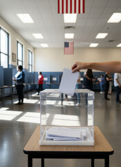 Voting Booth: A person casting a ballot into a transparent ballot box.