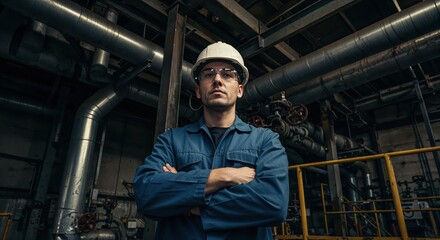Fototapeta premium Focused Engineer: A dedicated engineer, radiating confidence, stands steadfast amidst the industrial complexity, embodying expertise and unwavering commitment.