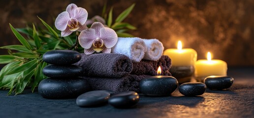 Still life of spa essentials stones, towels, candles, orchids
