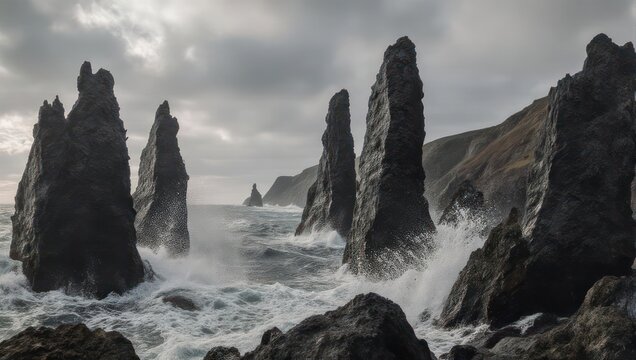 Jagged, towering rock formations emerge from turbulent ocean under a dramatic, cloudy sky - Powered by Adobe