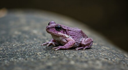 Obraz premium Purple Frog on Stone: A vibrant image of a vividly colored purple frog perches on a textured stone, showcasing the beauty of unique amphibians in their natural habitat. 